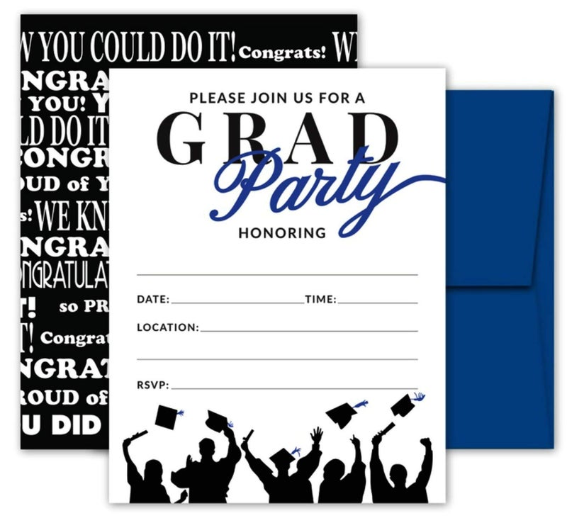 Pink Pixie Studio 25 Blue & Black Graduation Party Invitations with Envelopes for College, High School, University Grad Celebration or Announcement- Invite Cards Fill In Style- Party Decorations Supplies - Image 1